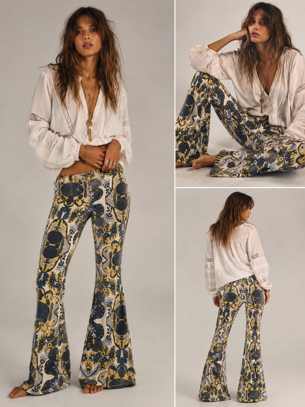 We The Free Penny Pull On Flare Pants in Blue,CreamYellow Sz30 NWOT